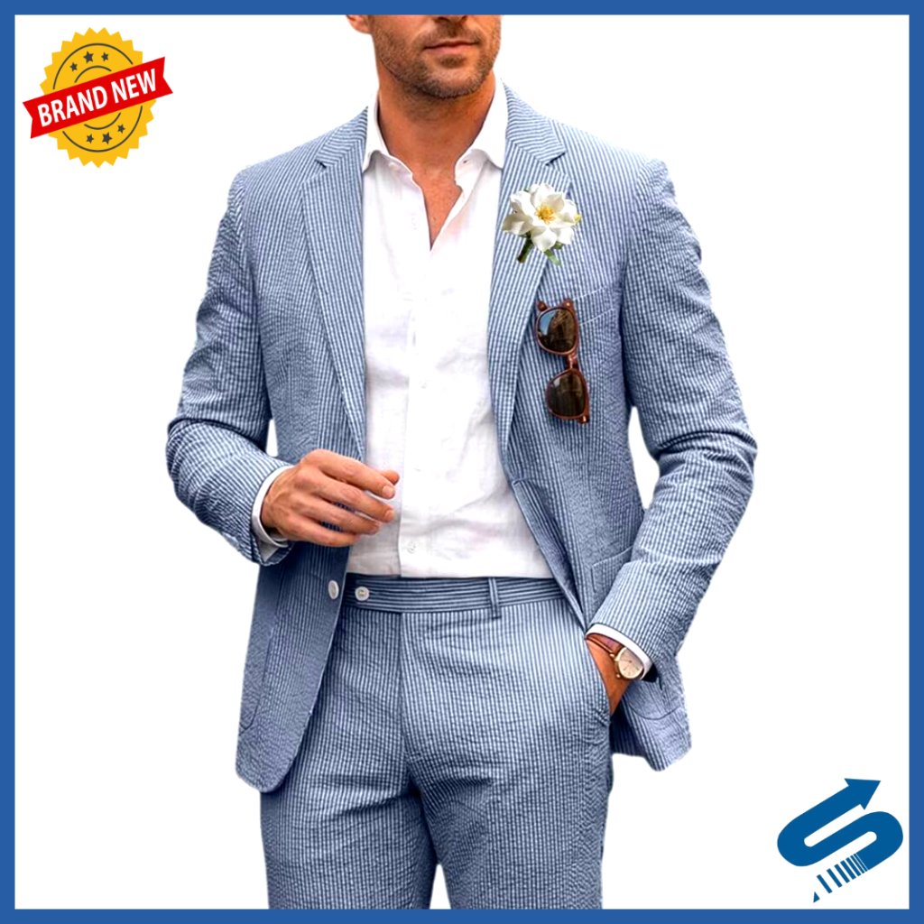 Seersucker Suit Set Slim Fit Blazer Pants Summer Wedding Prom Formal